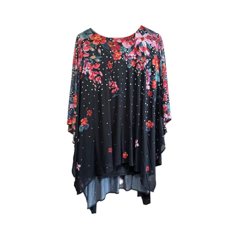 Catherines Poncho Top Womens 3X Black Floral Polka Dot Mesh Excellent Sharkbite